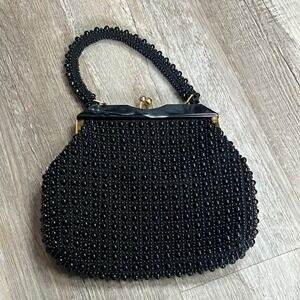 Vintage 50's Black‎ Beaded Evening Bag Made in Hong Kong Gold Frame Clasp Purse